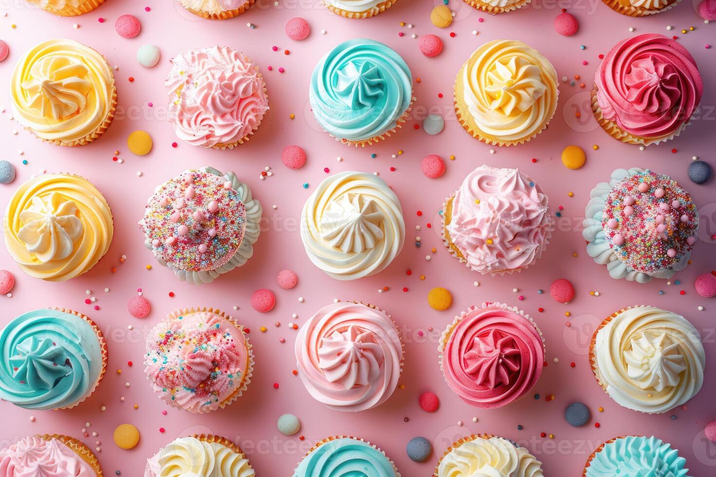 Colorful Cupcakes Arranged on Pink Background with Sprinkles photo