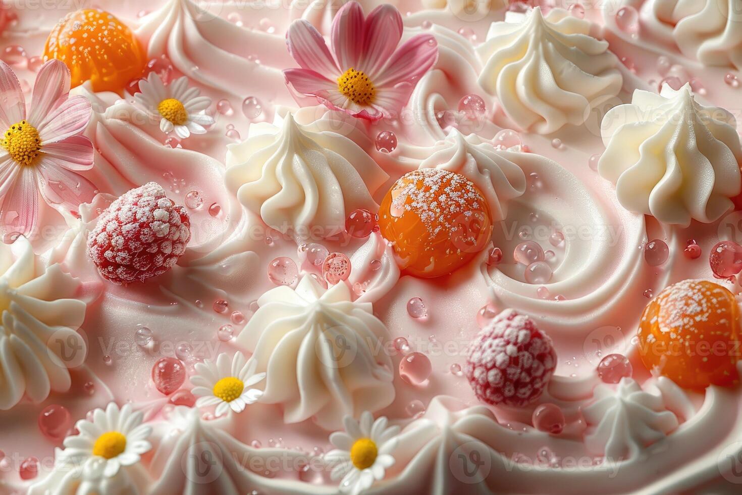 Pink Cream Cake Decorated With Flowers And Candies photo