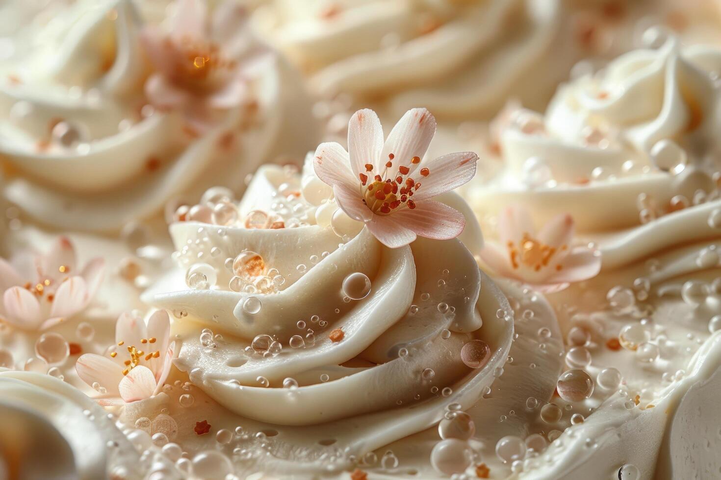 Delicate Flowers Adorn Creamy Cake Frosting photo