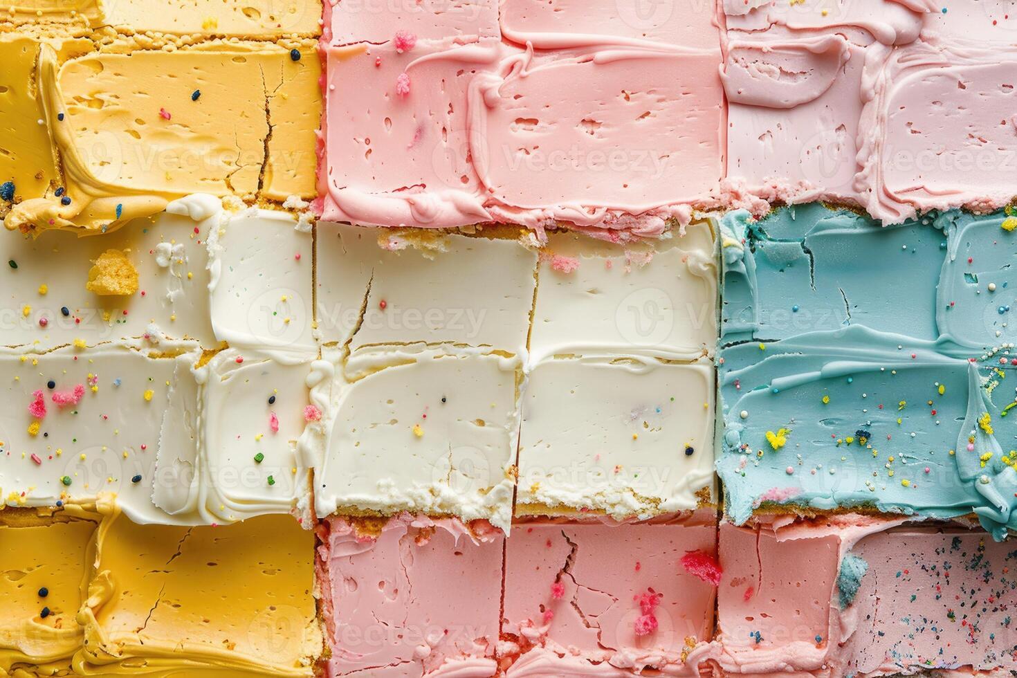 Colorful Frosted Cake Squares Arranged In A Grid Pattern photo