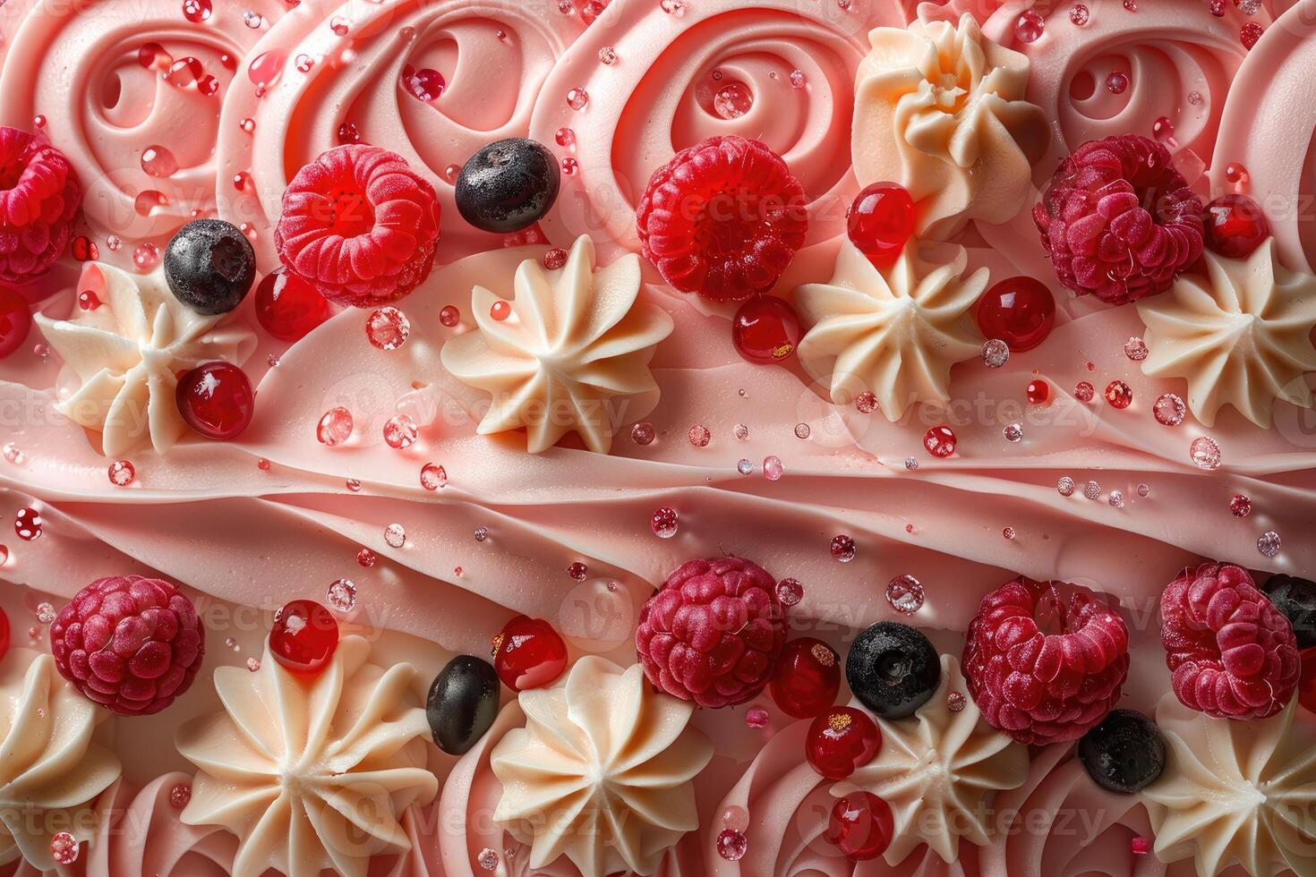 Pink frosting cake decorated with raspberries blueberries and cream photo