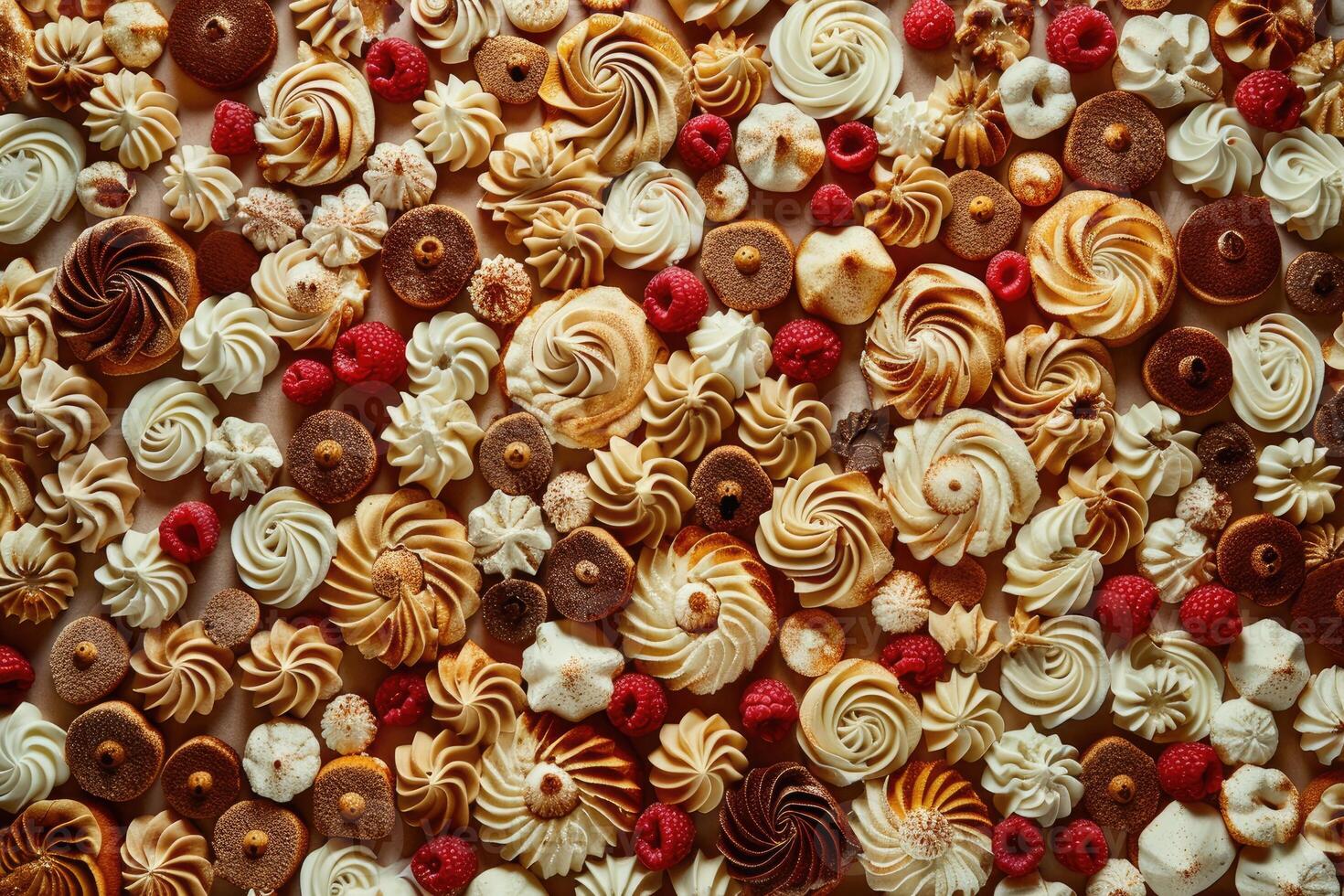 Assorted Sweet Treats and Raspberries Arranged Artistically photo