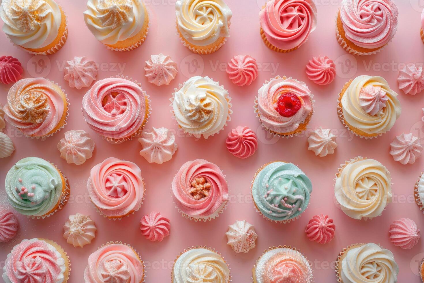 Assorted Cupcakes and Meringues Arranged on Pink Background photo