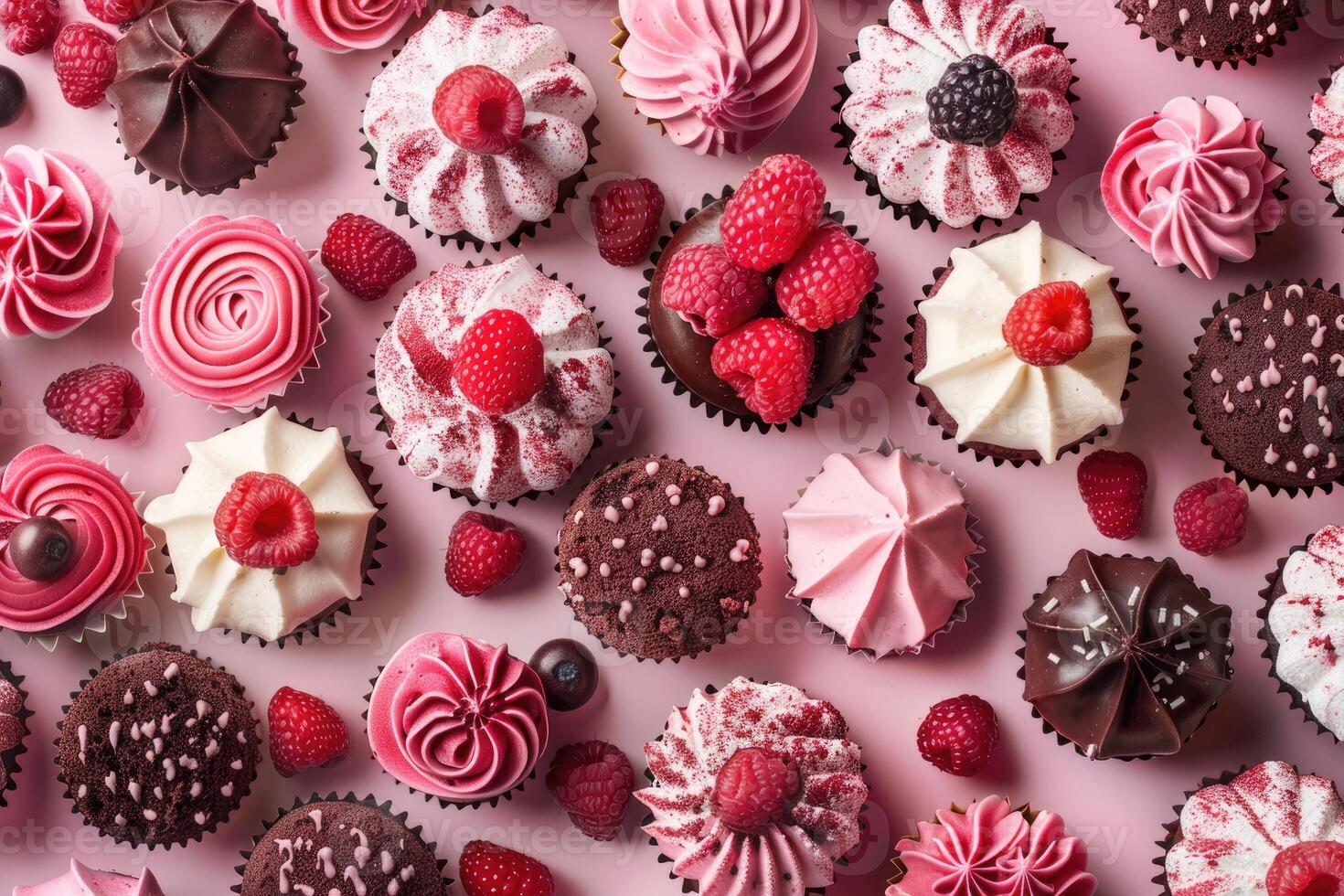 Assorted Cupcakes Topped With Raspberries And Other Berries photo