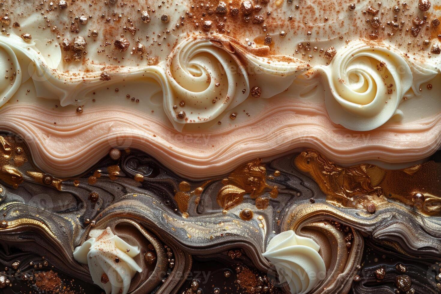 Elegant Swirled Cream Cake Design With Gold Accents photo