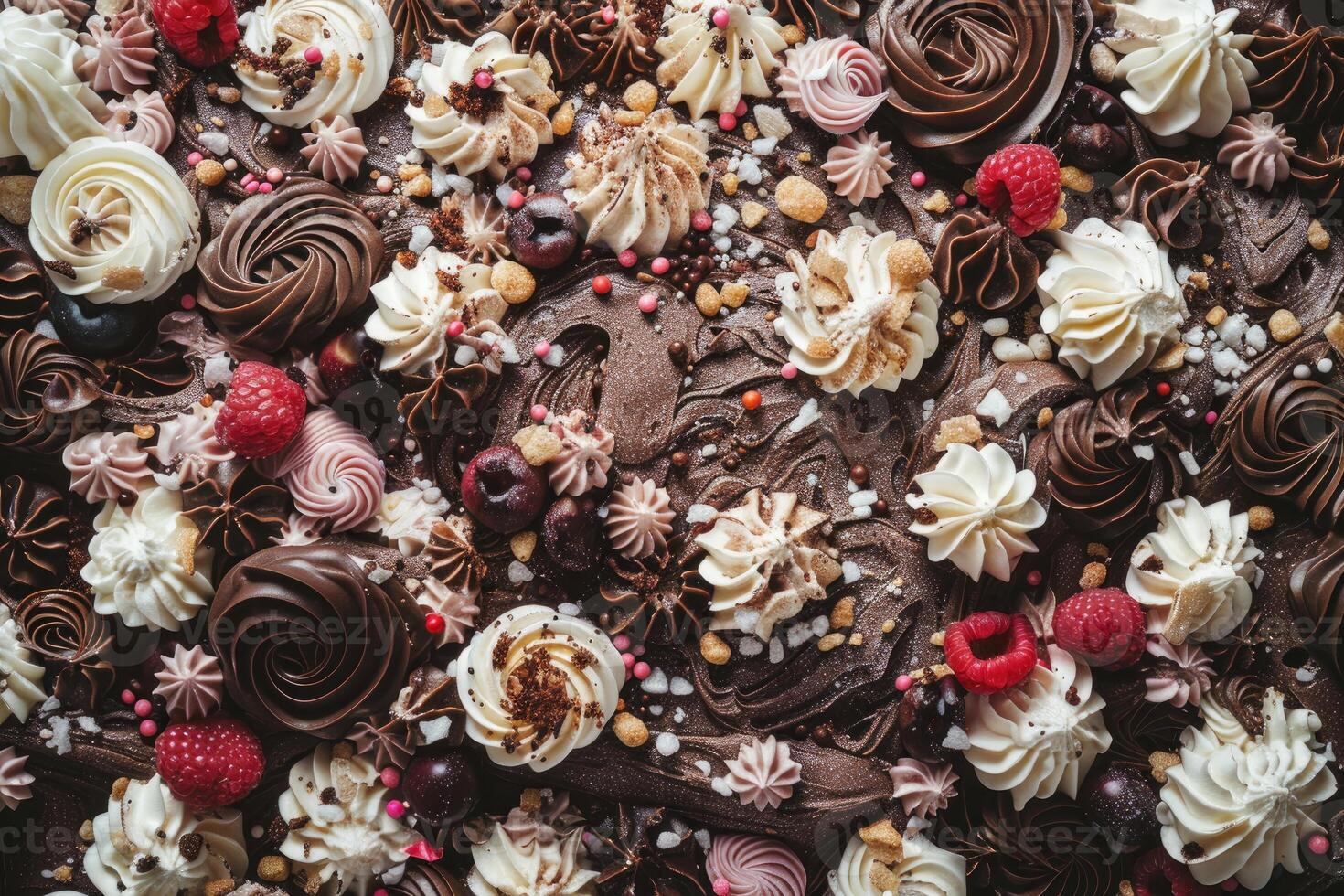 Delicious Chocolate Cake Decorated With Whipped Cream And Berries photo