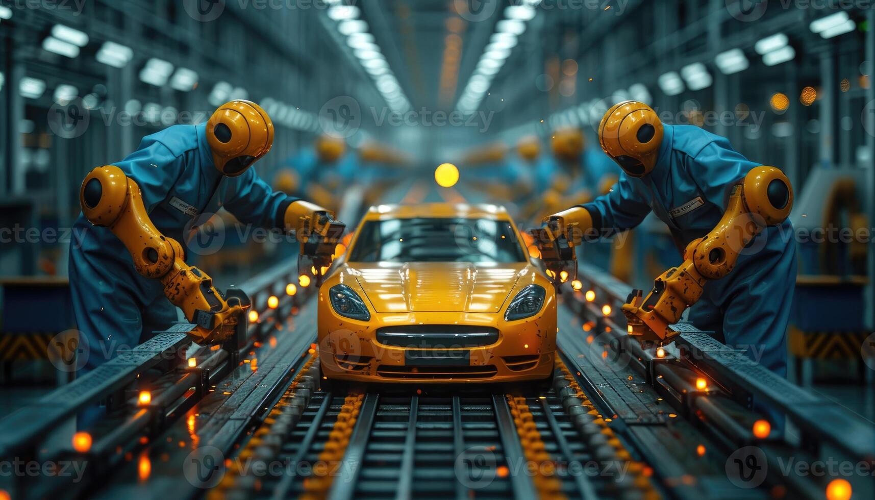 Robotic Workers Assemble Yellow Car On Assembly Line photo