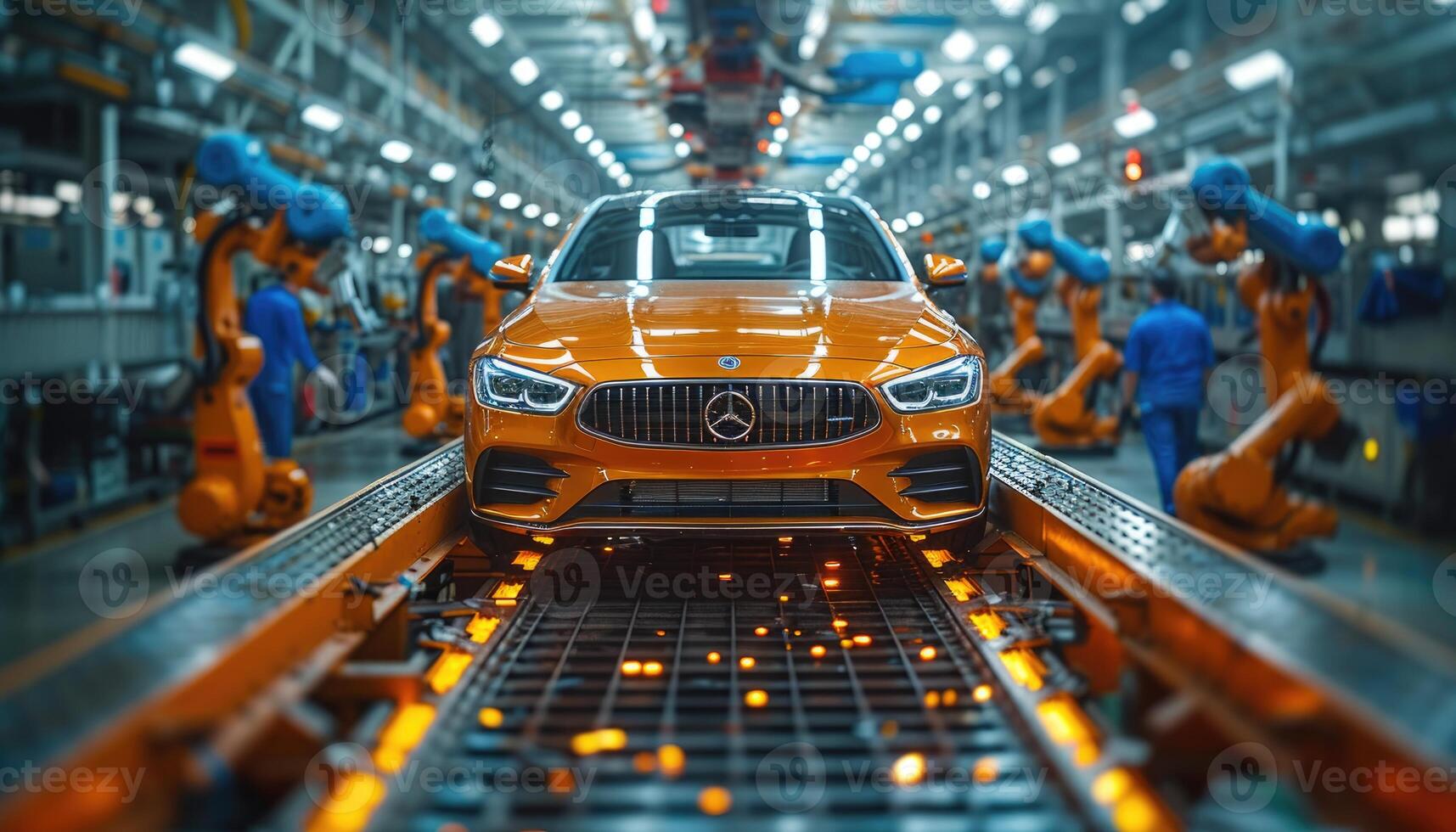 Orange Car Moves Along Automated Assembly Line photo