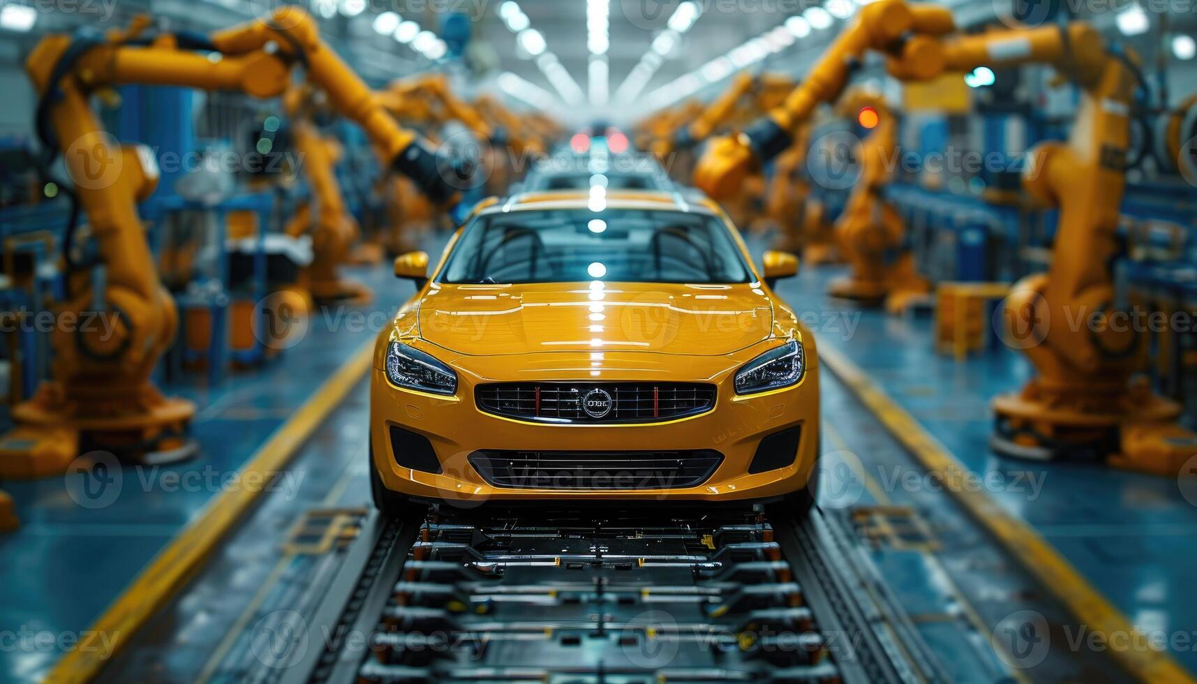 Yellow Car Assembly Line Robotic Manufacturing Process photo