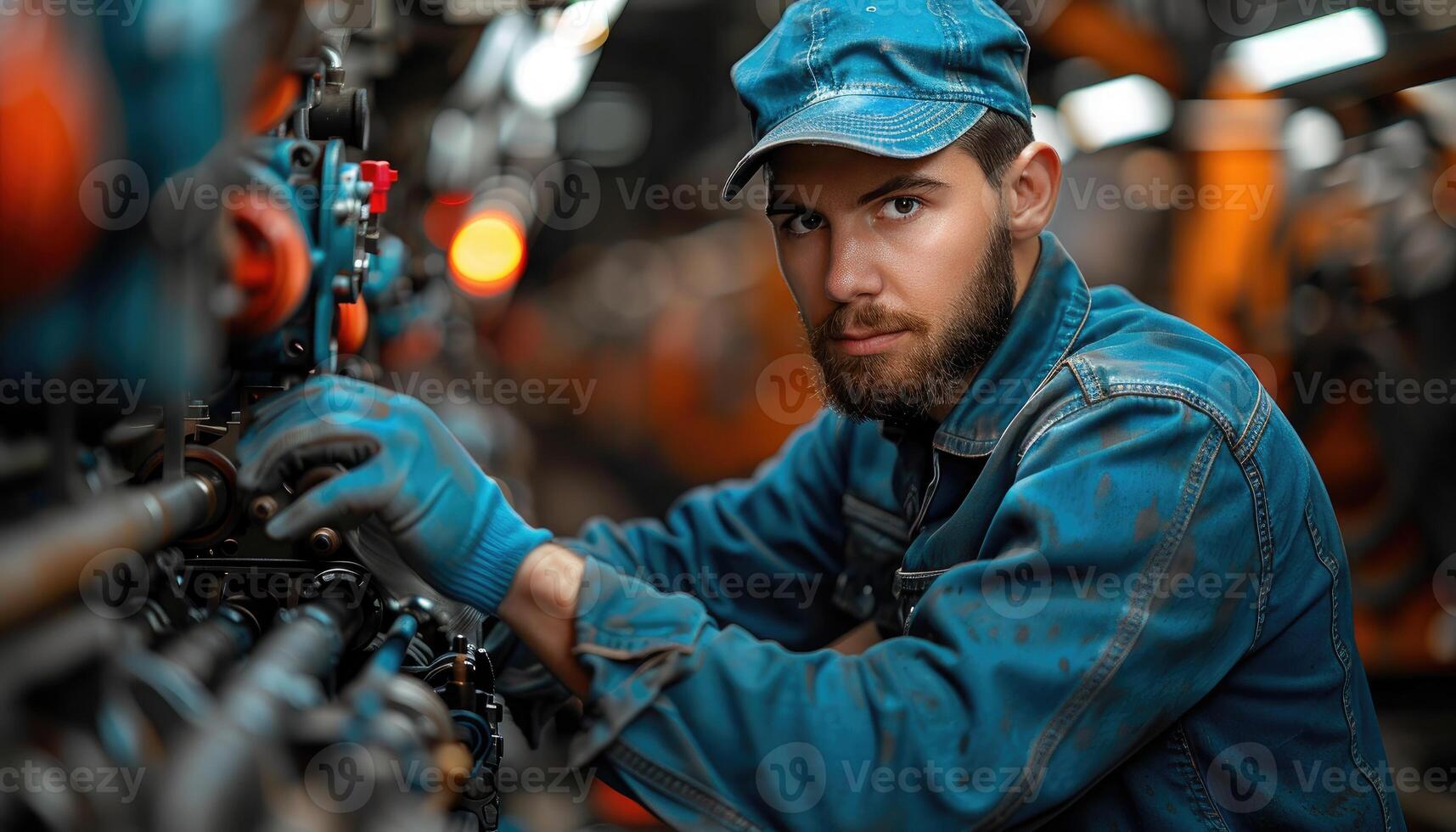 A Mechanic Works on Industrial Machinery in a Factory photo
