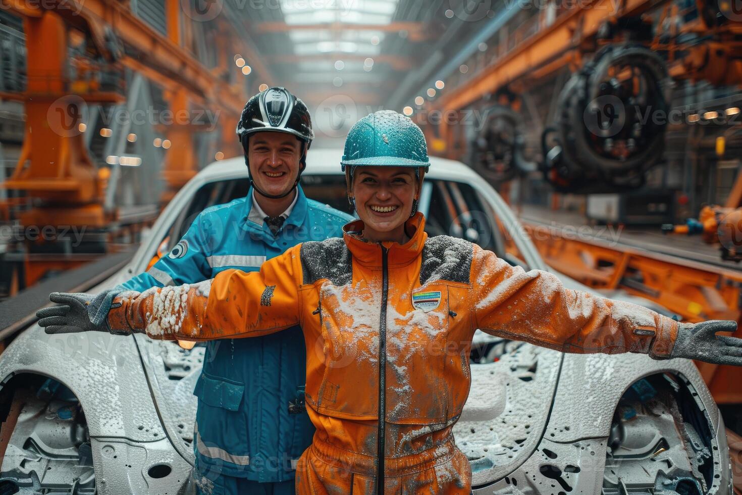 Two smiling workers pose proudly beside a new car photo