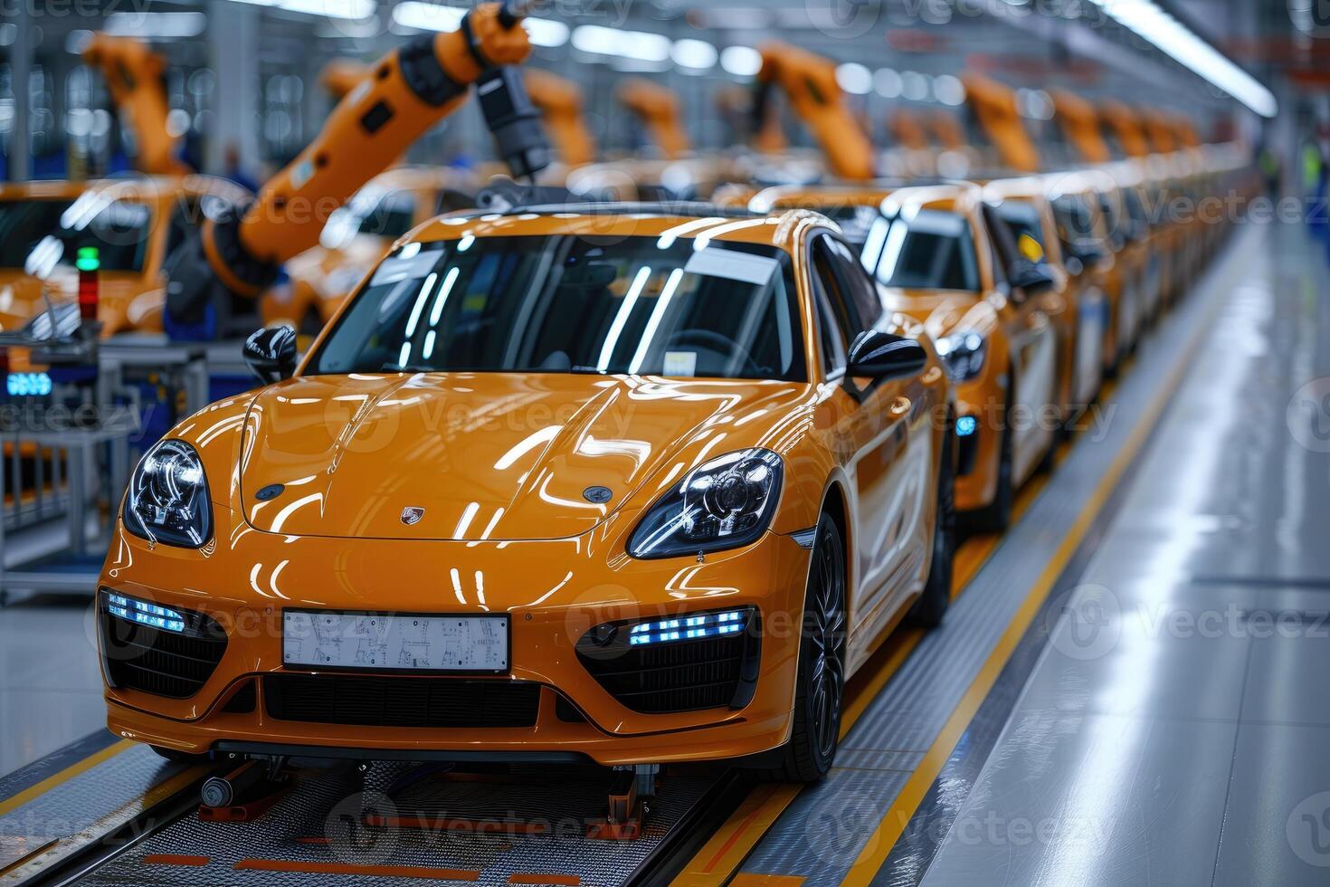 Orange Porsche Cars On Automated Assembly Line photo