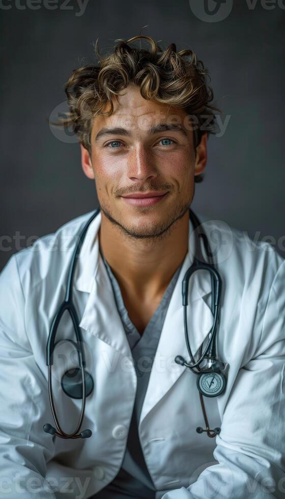 Young Male Doctor Wearing A White Coat And Stethoscope photo