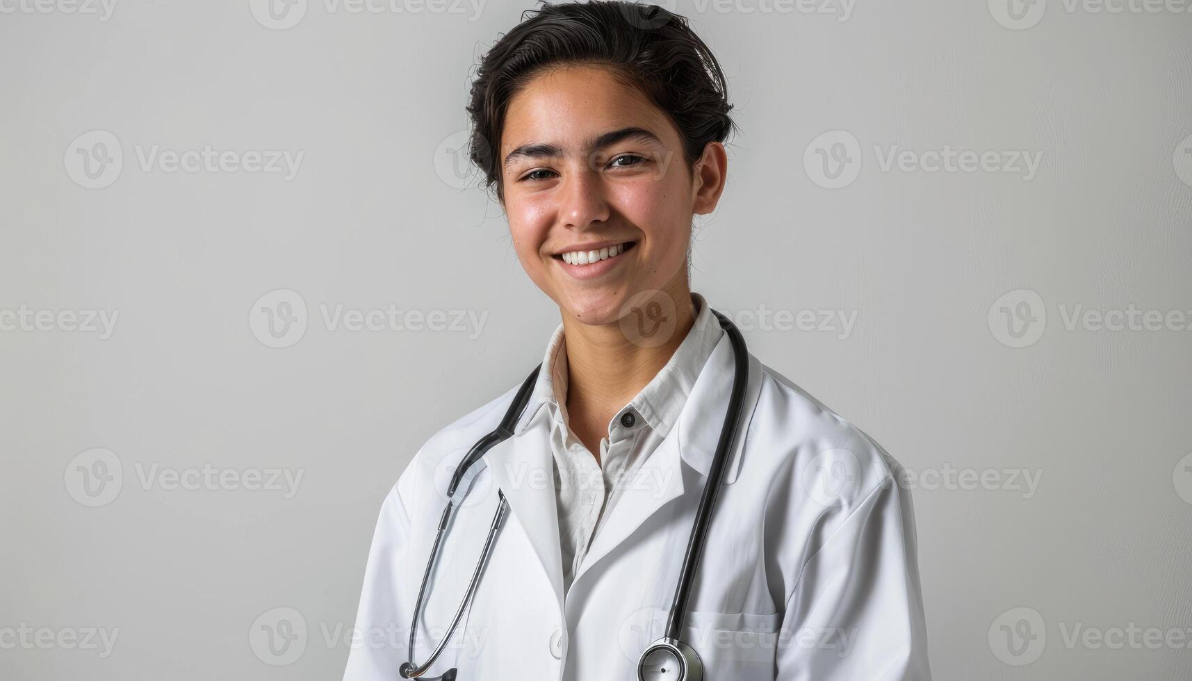 Smiling young female doctor wearing a white coat photo
