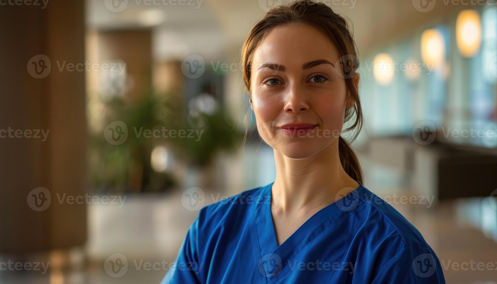 Young Woman Doctor Smiling In Hospital Corridor photo