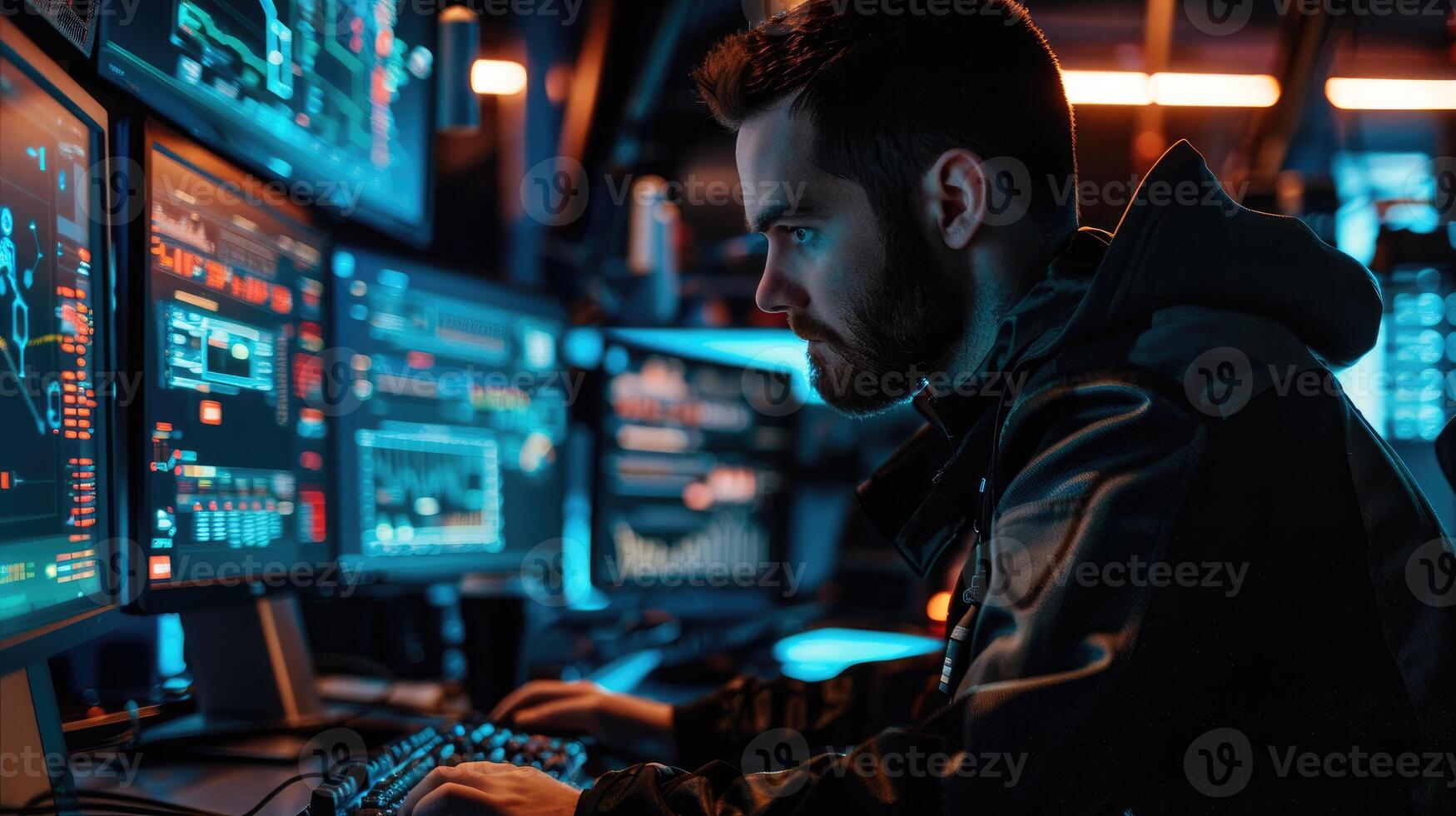 Man Working Late at Night on Multiple Computer Screens photo