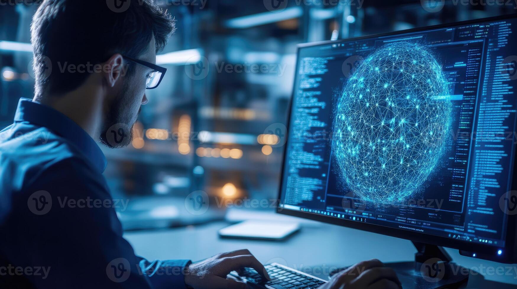 Programmer Working on Complex Network Data Visualization photo