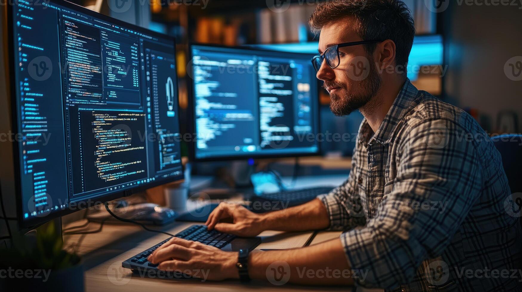 Programmer Coding Late Night on Multiple Computer Screens photo