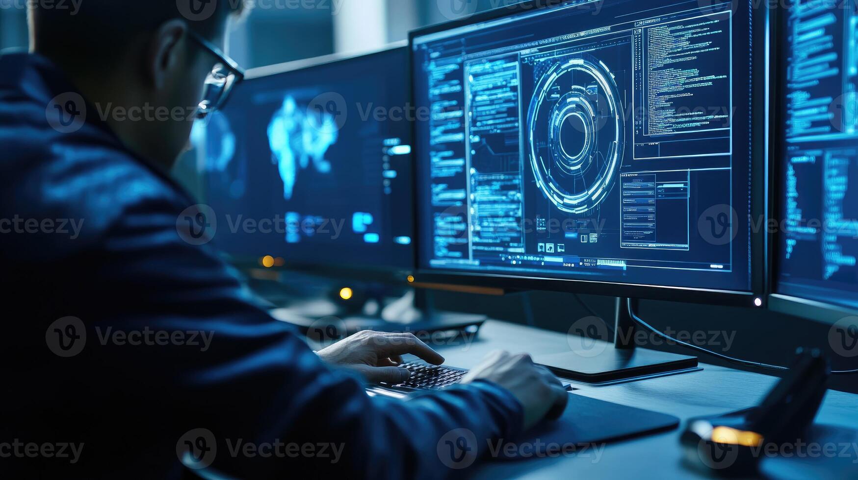 Programmer working late at night coding complex software photo