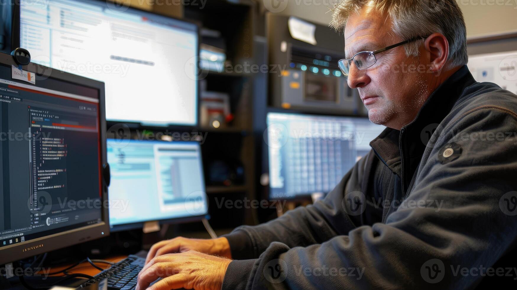 hombre codificación a computadora múltiple pantallas programación foto