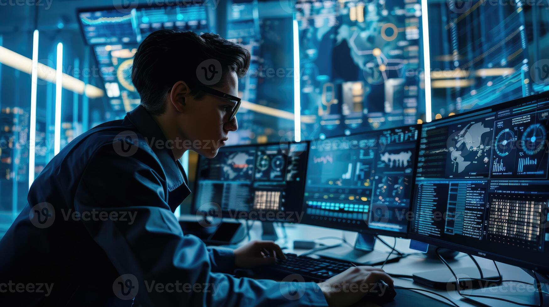 Person working diligently with multiple computer screens photo