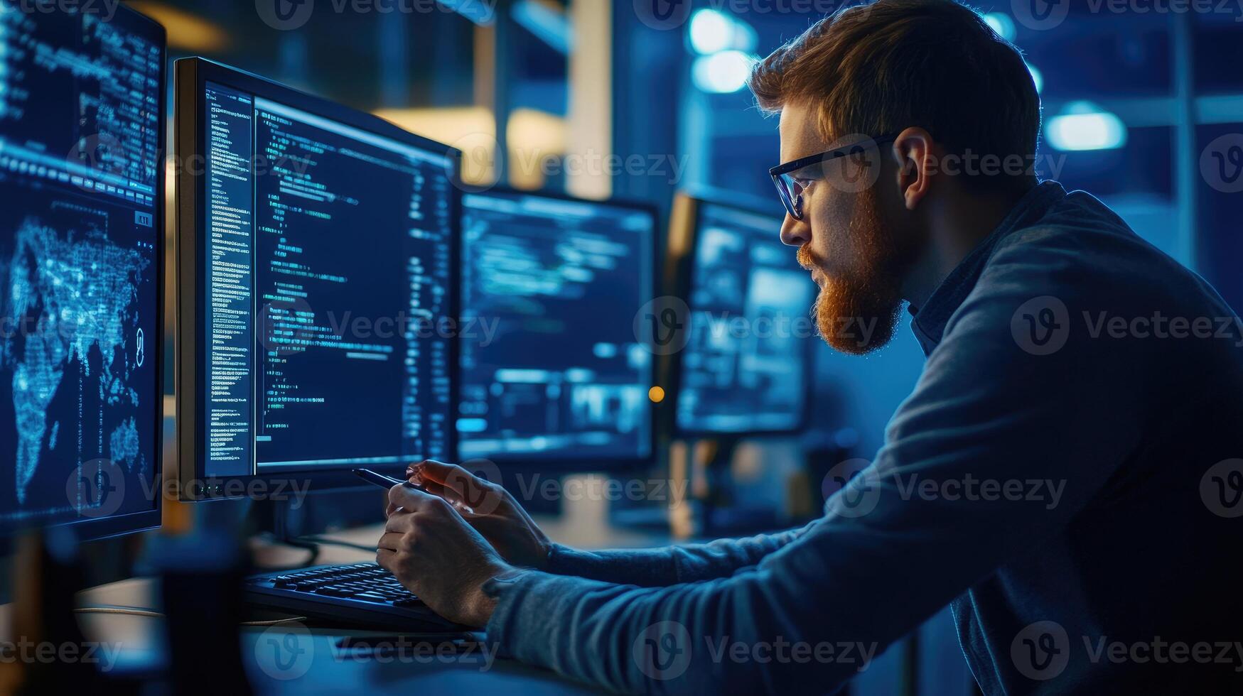Programmer working late coding at multiple computer screens photo