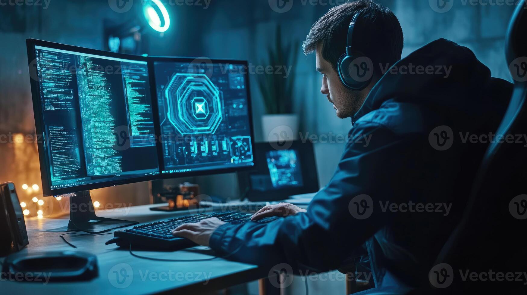 Hacker Working Late Night On Computer System photo
