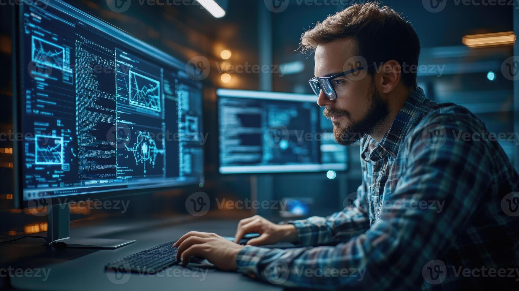 Programmer working late coding complex software programs photo