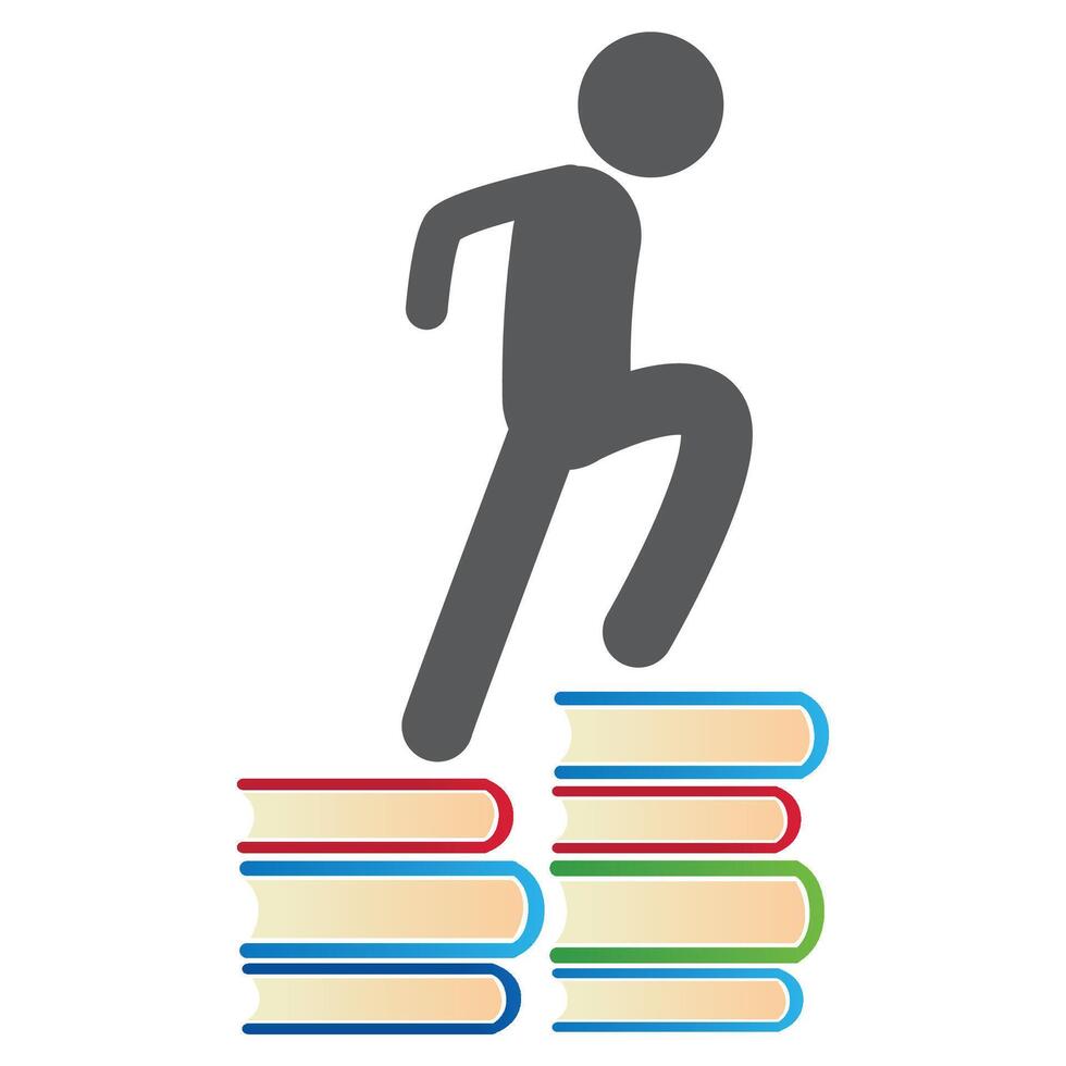 stylized man walking on books on grey background vector