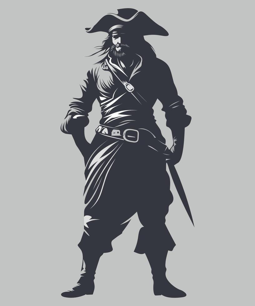 full length silhouette of a pirate in a hat in a helmet on a white background vector