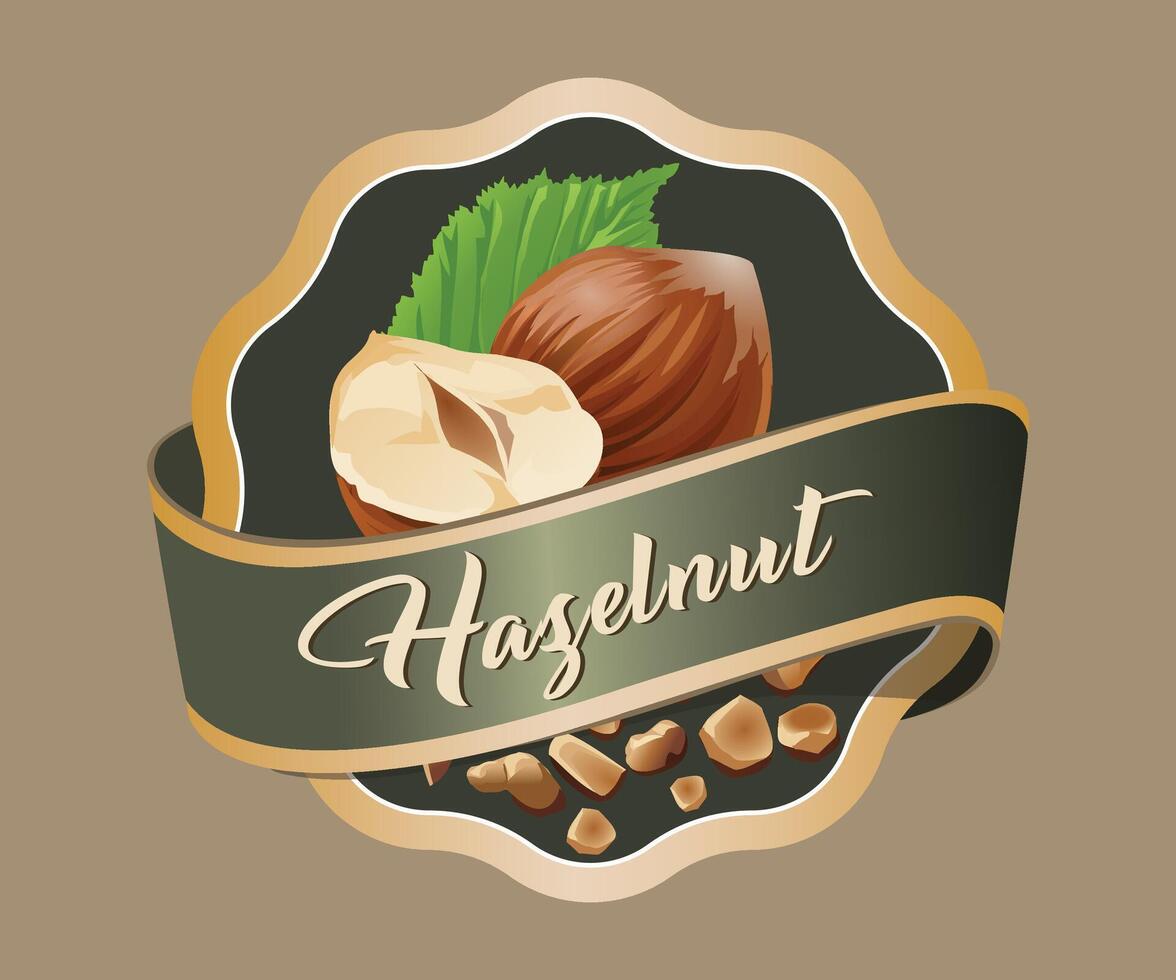 green hazelnut nut jar sticker with gold trim on light brown background vector