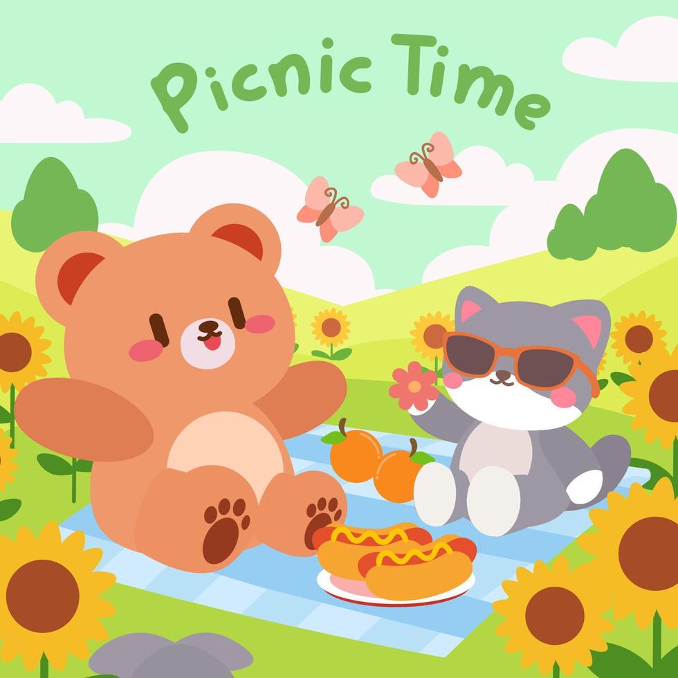A heartwarming kawaii style illustration of a bear and a cat enjoying a sunny picnic in a field of sunflowers. The cheerful scene includes delicious food, playful butterflies vector