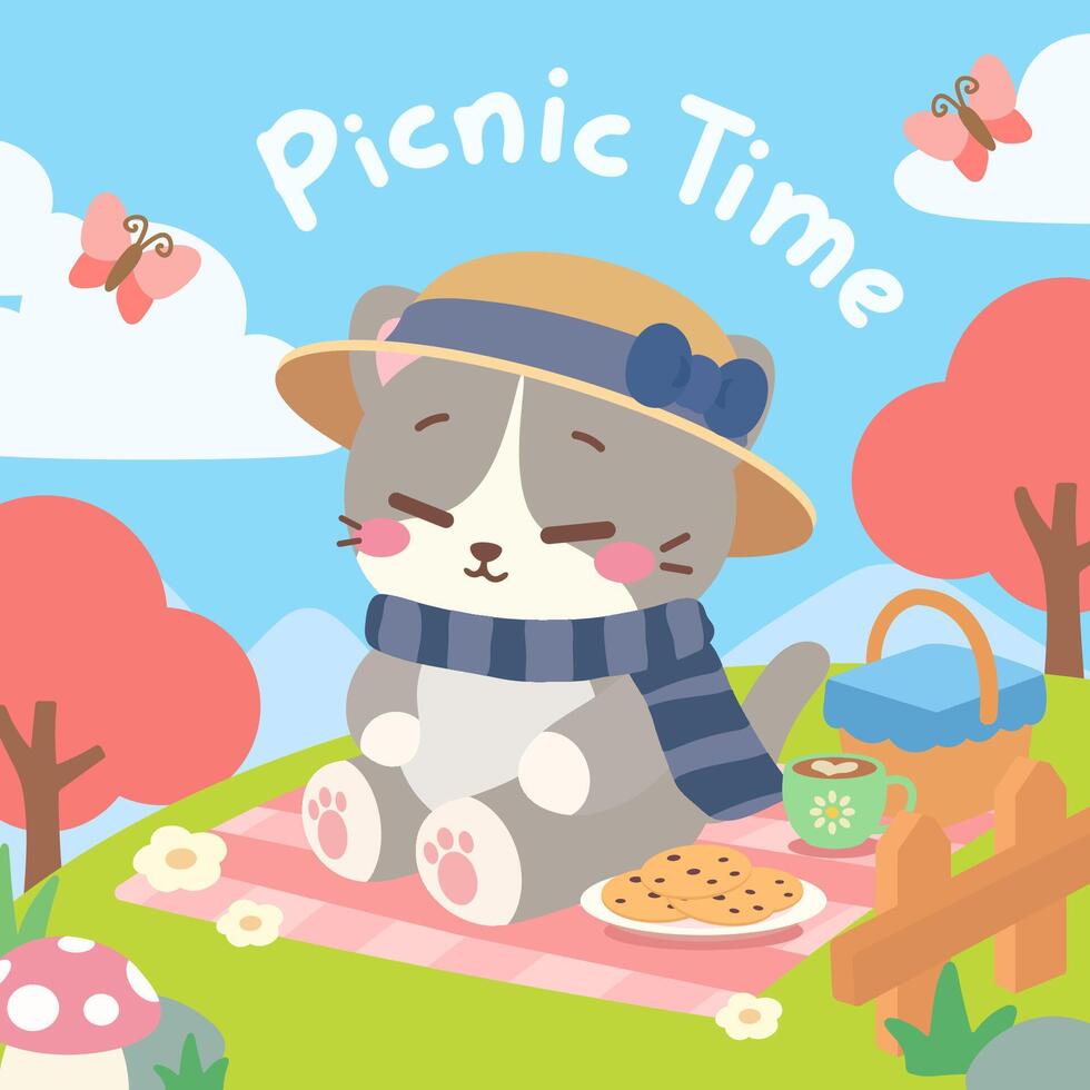 A charming kawaii style illustration of a cozy cat enjoying a peaceful picnic in nature. The cat, dressed in a stylish hat and scarf, sips tea and enjoys cookies on a soft picnic blanket. vector