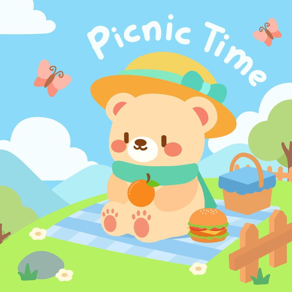 A cute illustration of a bear enjoying a picnic on a sunny day, surrounded by nature, tasty treats, and a cozy atmosphere vector