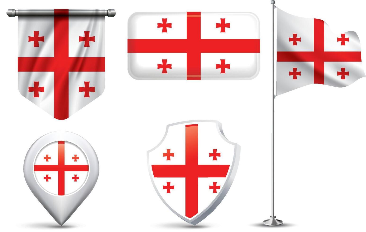 A set of 5 different designs of the Georgia national flag in various shapes vector