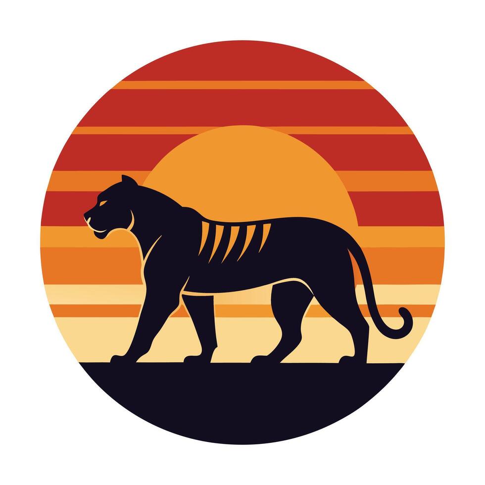 Silhouetted Big tiger at Sunset, Retro Style vector