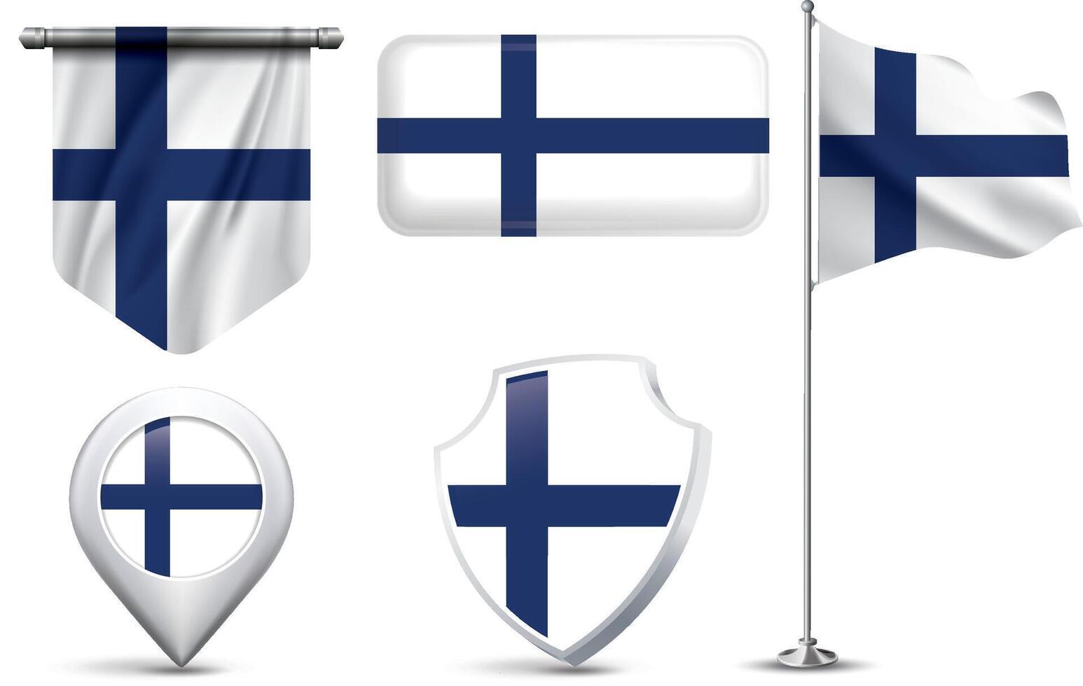 A set of 5 different designs of the Finland national flag in various shapes vector