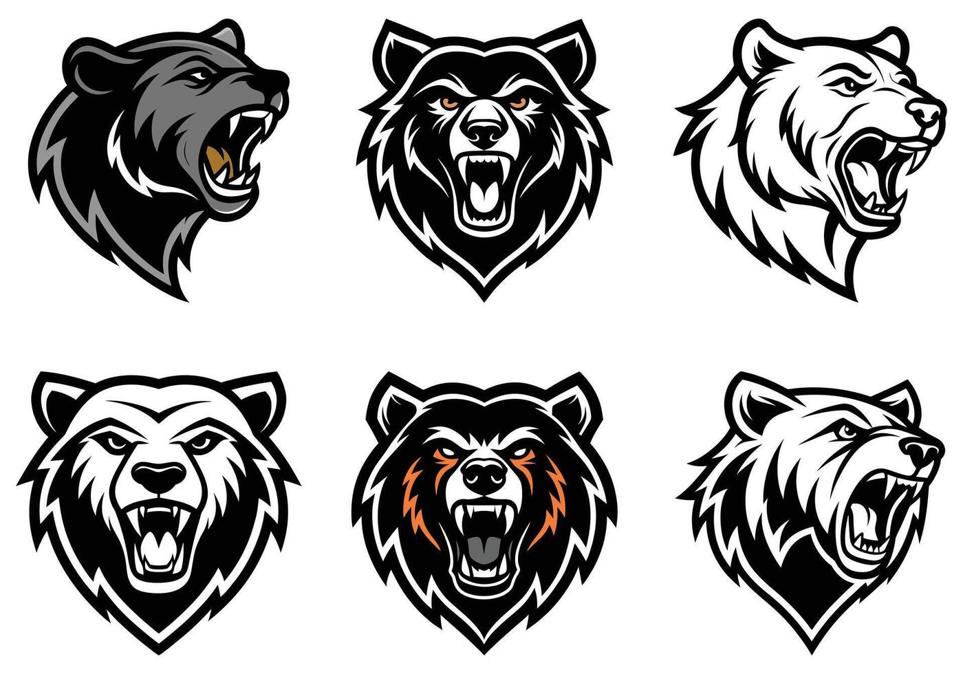 Aggressive Bear Head Logos in Black and White vector