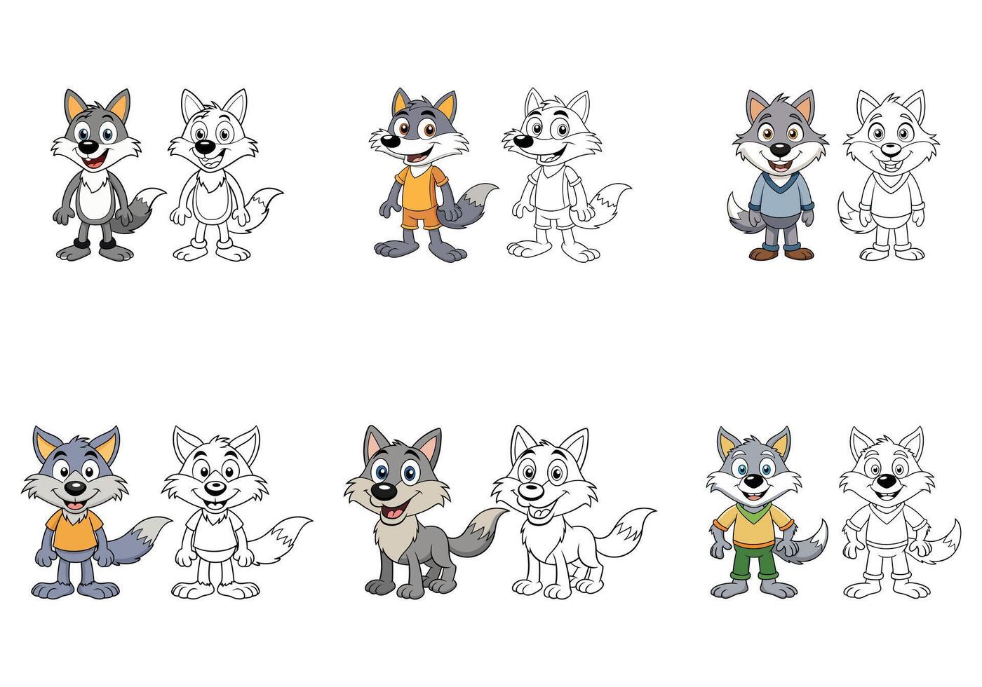 Cartoon Wolves in Different Color Variations Ready for Coloring vector