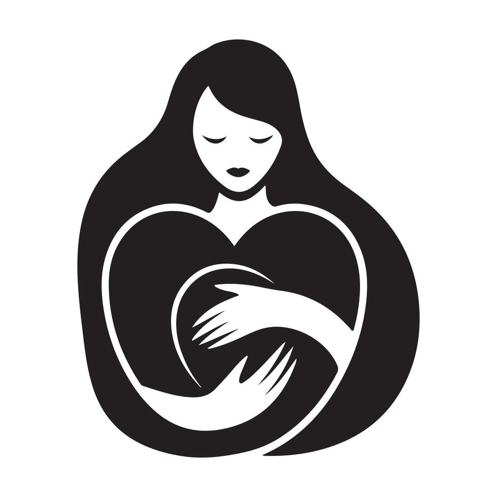 Woman Embracing a Heart Symbol of Self-Love and Care vector