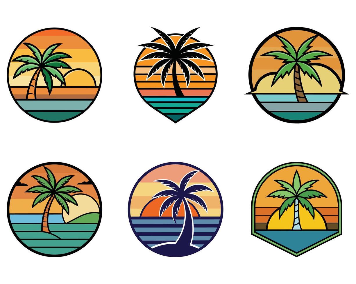 Six Retro-Style Tropical Sunset Logo Designs vector