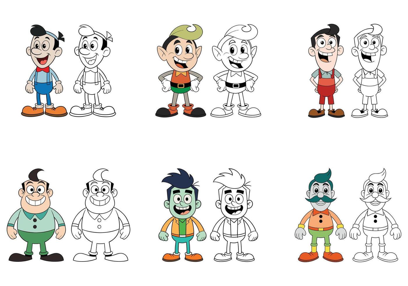 Cartoon Character Designs Color and Line Art Comparison vector