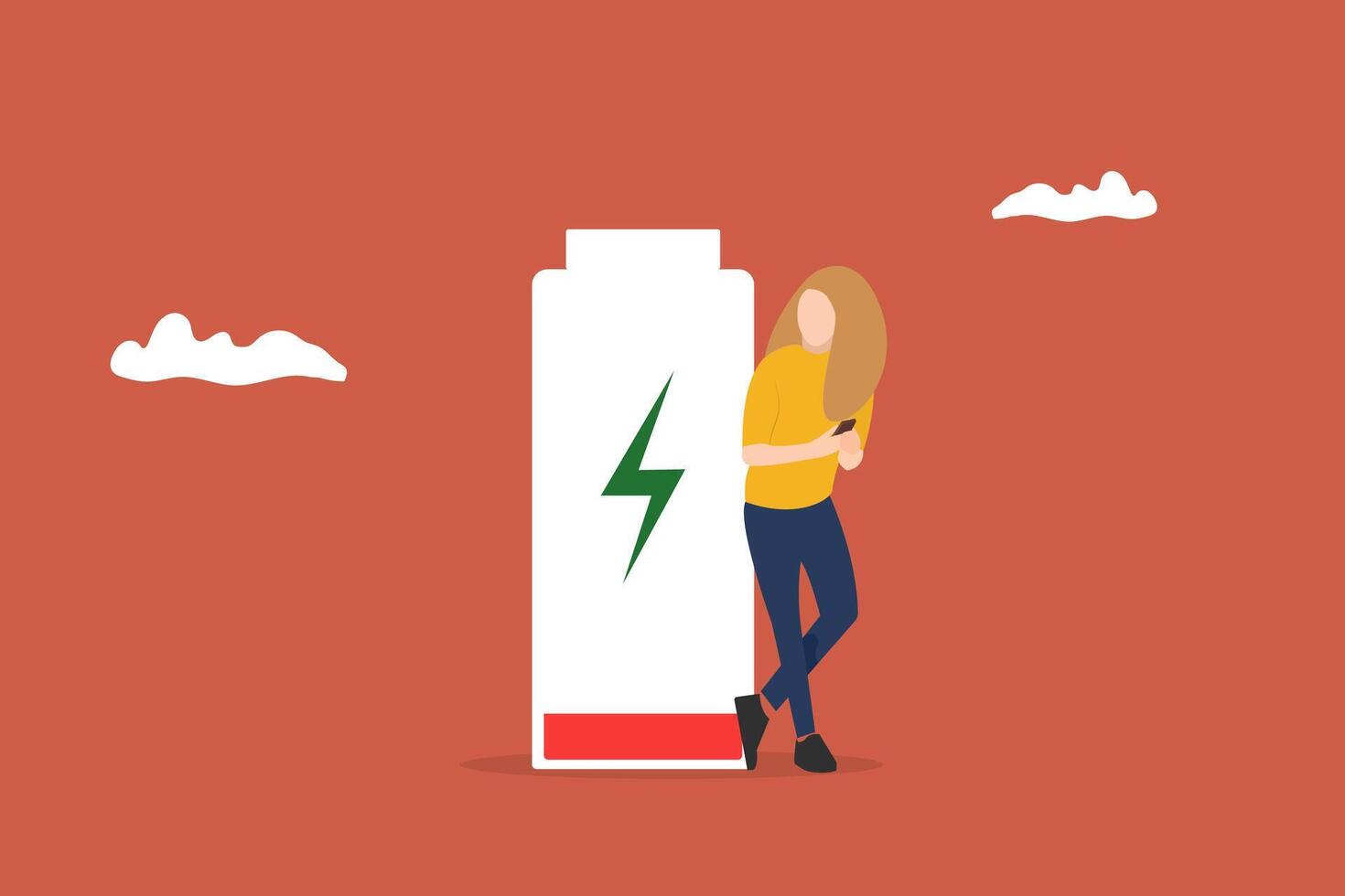 woman using smartphones with poor battery level. standing near big red battery symbol vector