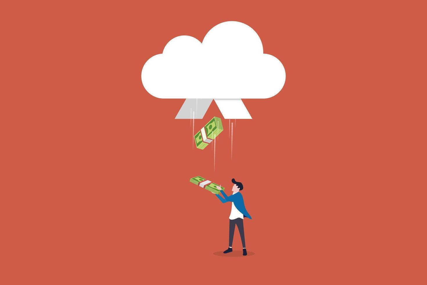 Businessman get money rain through the cloud, get rich, easy money, inheritance, profitable vector