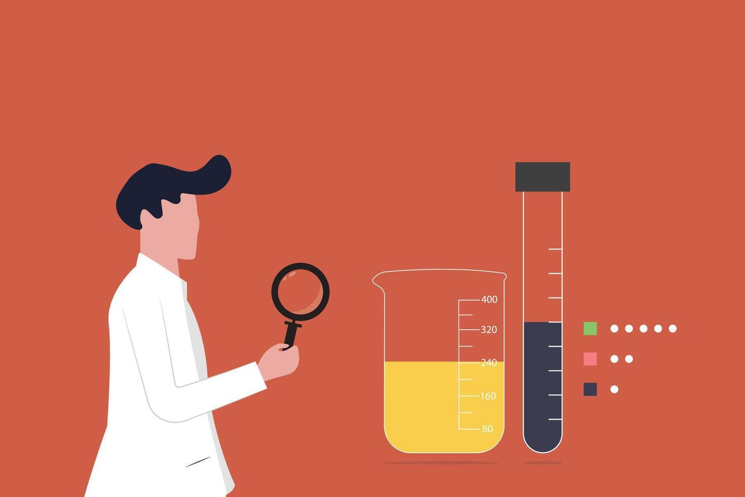 Male scientist doing scientific research in lab, holding magnifying glass and chemical flask, molecule models in background. For science, chemistry, physics, neuroscience concept vector