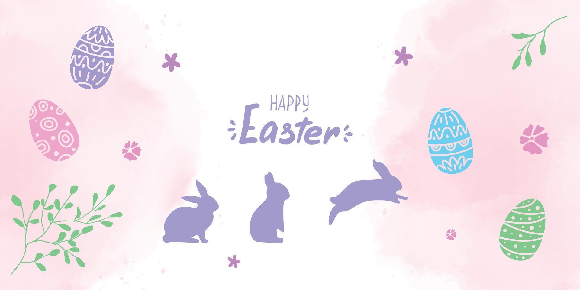 Pink watercolor background with an Easter design for banner. Hand drawn cute rabbits flowers and eggs on the background. Awesome font mix written Happy Easter. vector