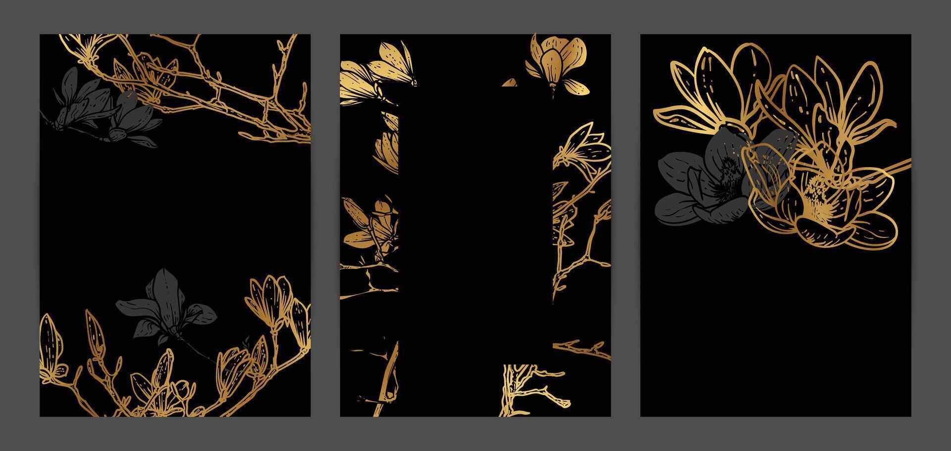 Beautiful golden wedding invitations. Modern and luxurious A4 format design with highly detailed flowers for print and web. Hand drawn magnolias illustrations on black and gold design vector