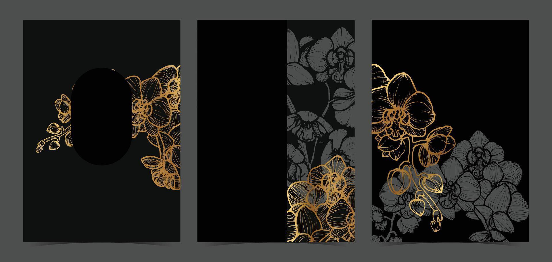 Beautiful golden wedding invitations. Modern and luxurious A4 format design with highly detailed flowers for print and web. Hand drawn orchids illustrations on black and gold design vector