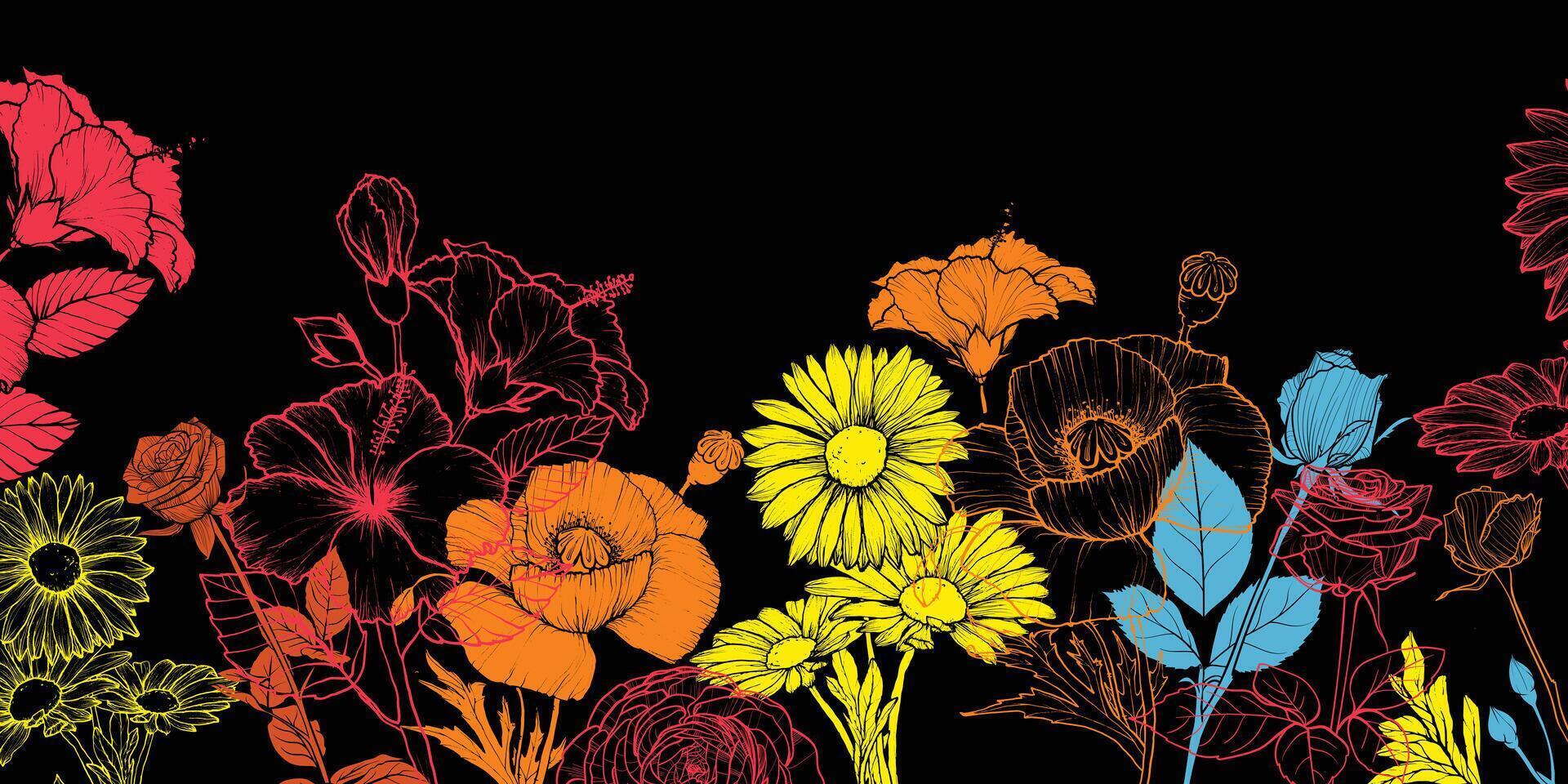 Abstract art background . Beautiful summer wallpaper with line art daisy, poppy, hibiscus, rose, and leaves. Flowers on black background. Botanical illustration for banner, print, Web vector