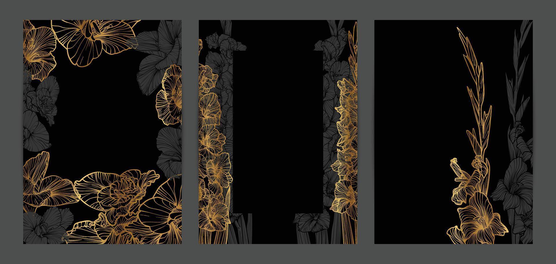 Beautiful golden wedding invitations. Modern and luxurious A4 format design with highly detailed flowers for print and web. Hand drawn gladiolus illustrations on black and gold design vector